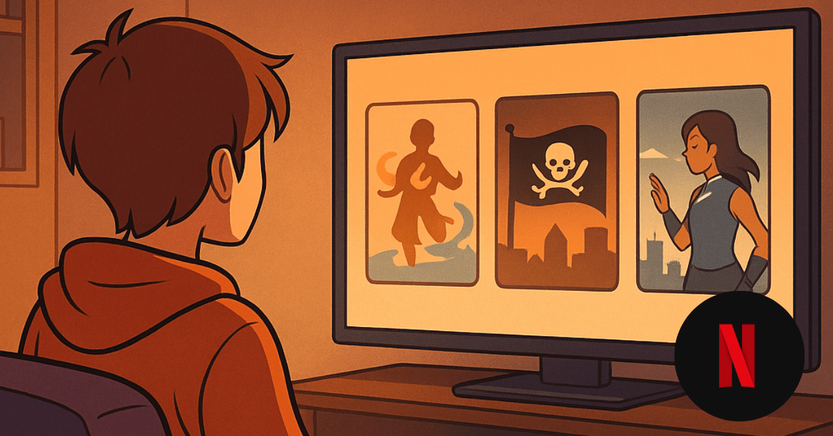 A cartoonish image of a boy watching anime on netlfix