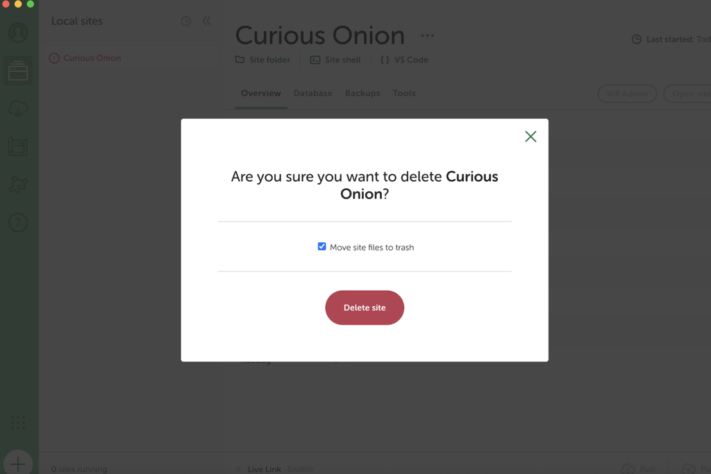 Deleting site prompt box