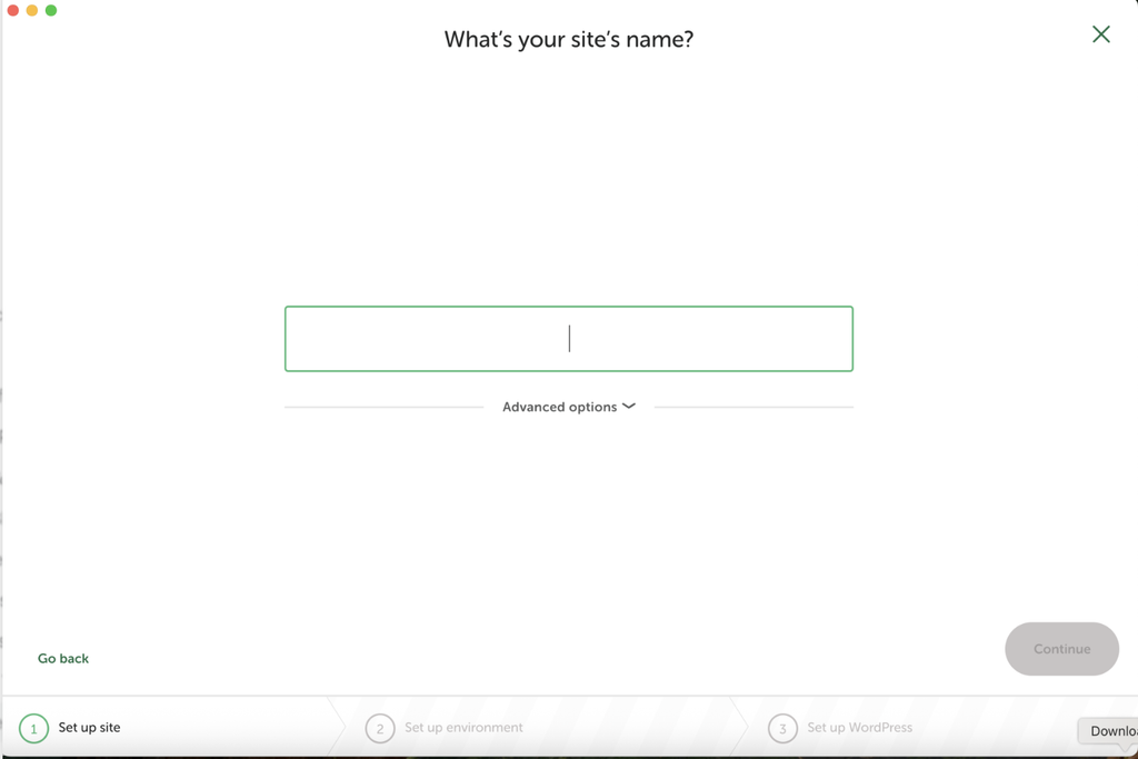 Screen asking for what to name the site